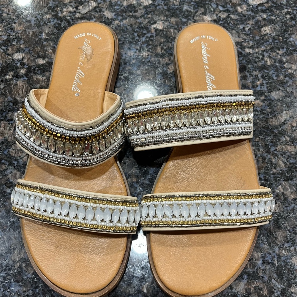 White and Gold Embellished Sandals